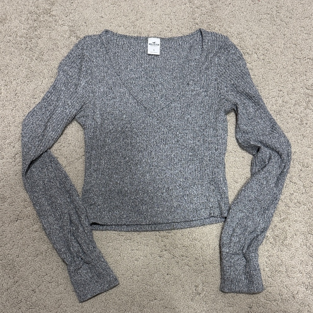 Hollister Heather Gray Knit Wrap Front Cropped Long Sleeve Top Size S